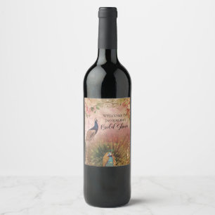 Etiqueta Para Botella De Vino Chinoiserie Peony Floral Peacock Bridal