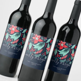 Etiqueta Para Botella De Vino Christmas Red Botanical Floral Blue Holiday