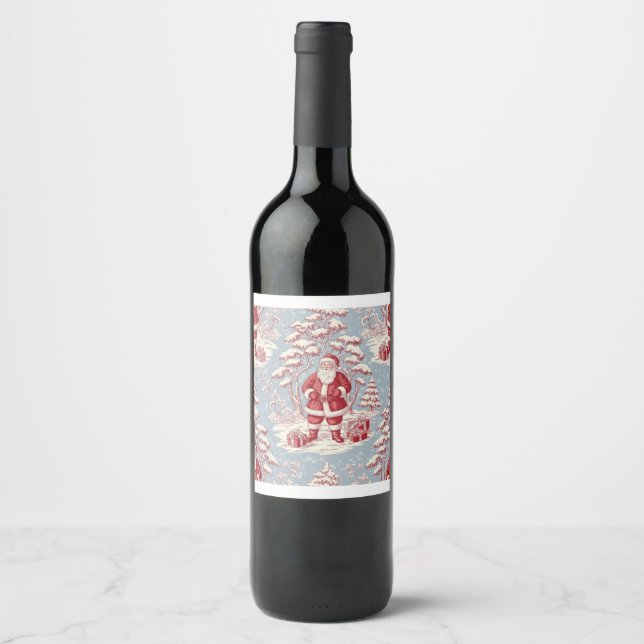 Etiqueta Para Botella De Vino Christmas toile Santa  (Anverso)
