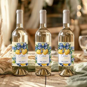 Etiqueta Para Botella De Vino Ciao Baby Blue Bow Tile Lemon Baby Shower