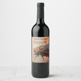 Etiqueta Para Botella De Vino Cigarra sobre fondo rosa y naranja