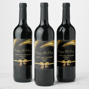 Etiqueta Para Botella De Vino Cinta de Navidades elegantes de color negro y oro