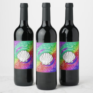 Etiqueta Para Botella De Vino Clam de copo y patrón de pez concha Arcoiris