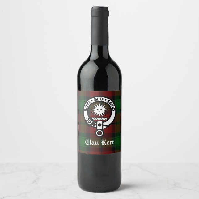 Etiqueta Para Botella De Vino Clan Kerr Tartan y Escudo (Anverso)