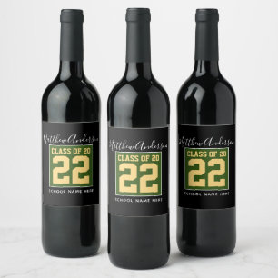 Etiqueta Para Botella De Vino Clase de 2023 Modern Green Black & Gold Graduation