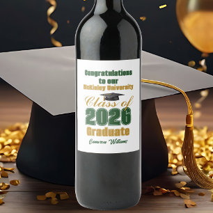Etiqueta Para Botella De Vino Clase de 2026 Verde Oro Fiesta de Graduación Perso