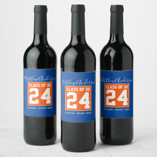 Etiqueta Para Botella De Vino Clase de Partido Naranja y Graduación Azul de 2024