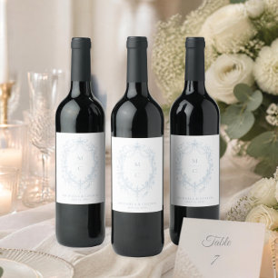 Etiqueta Para Botella De Vino Clásico Corona Floral Azul Vintage Boda