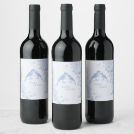 Etiqueta Para Botella De Vino Clásico francés azul blanco floral aves boda