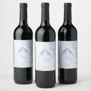 Etiqueta Para Botella De Vino Clásico francés azul blanco floral aves boda 