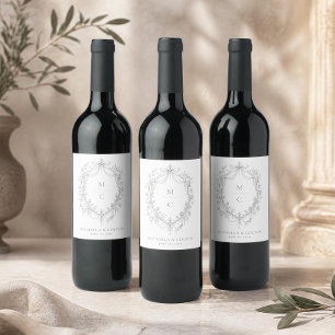 Etiqueta Para Botella De Vino Clásico Gris Negro Floral Corona Boda Vintage
