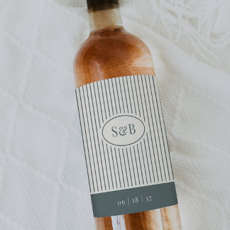 Etiqueta Para Botella De Vino Clásico Monograma de Bodas con Pinstripe de Abeto