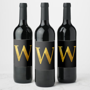 Etiqueta Para Botella De Vino Clásico Monograma de Hoja de Oro W en Negro
