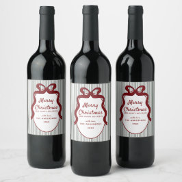 Etiqueta Para Botella De Vino Clásico Navideño de Rayas Verde Oscuro y Lazo Rojo