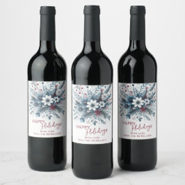 Etiqueta Para Botella De Vino Classy Dark Teal Blue Red Floral Holiday Wreath