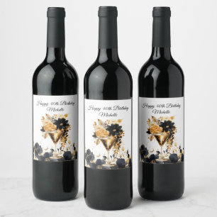 Etiqueta Para Botella De Vino Cócteles de la fiesta de oro negro Bebida Florales