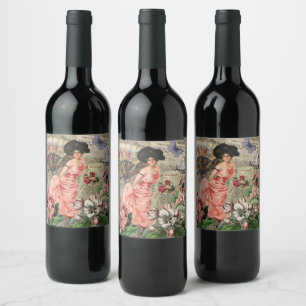 Etiqueta Para Botella De Vino Coffee Lady Victorian Mujer Rosa Clásica