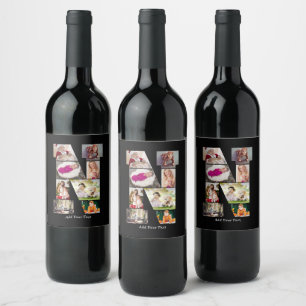 Etiqueta Para Botella De Vino Colaje de Fotos con Letra N en Blanco y Negro
