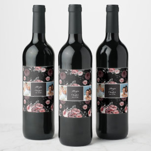 Etiqueta Para Botella De Vino Colaje de Fotos de Boda Rosa Negro Victorian Rose