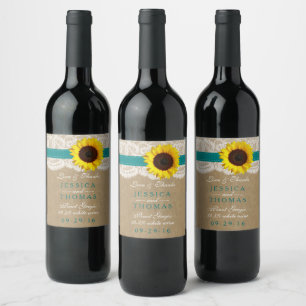 Etiqueta Para Botella De Vino Colección Kraft, Lace & Sunflower - Verde azulado