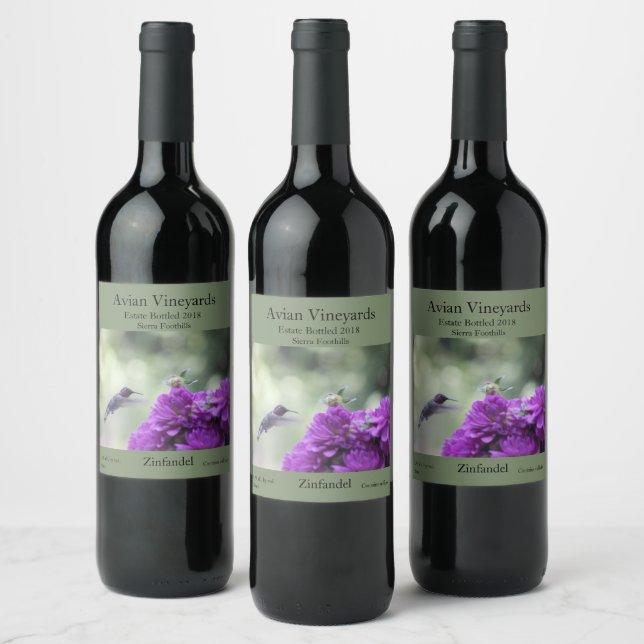 Etiqueta Para Botella De Vino Colibrí con dahlias moradas (Botellas)