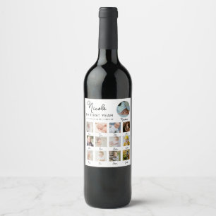 Etiqueta Para Botella De Vino Collage de fotos moderno de 12 meses de primer año