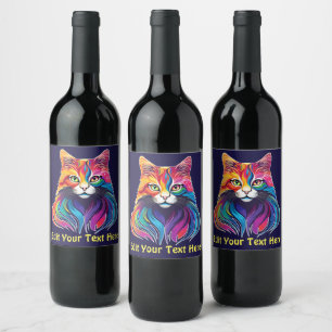 Etiqueta Para Botella De Vino Color arcoiris del retrato del gato de Maine