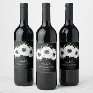 Etiqueta Para Botella De Vino Color de agua floral negro y blanco