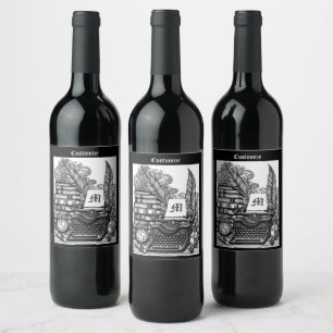 Etiqueta Para Botella De Vino Color del tema del escritor vintage monogramado Me