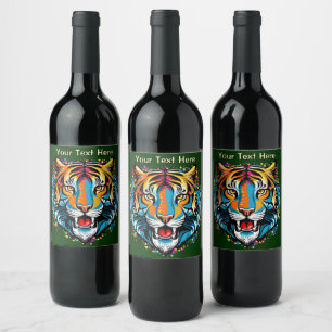 Etiqueta Para Botella De Vino Colores de arcoíris de cabeza de tigre pintan manc