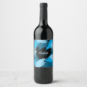 Etiqueta Para Botella De Vino Colores de pincel de nombre azul con monograma