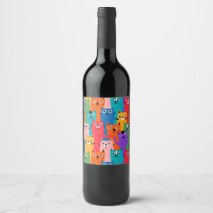 Etiqueta Para Botella De Vino Colorful cats pattern