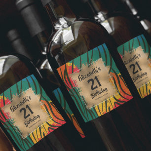 Etiqueta Para Botella De Vino Colorida impresión de animales 21º cumpleaños pers