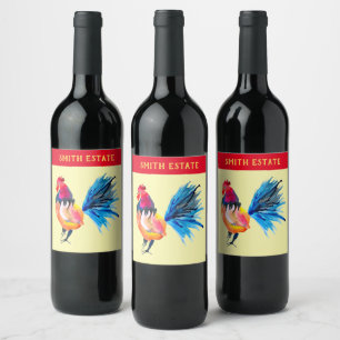 Etiqueta Para Botella De Vino Colorido animal acuarela de gallo
