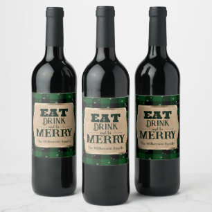 Etiqueta Para Botella De Vino Come Bebe y Alégrate Plaid Verde Navidad