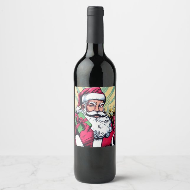 Etiqueta Para Botella De Vino Comic book Santa/Navidades (Anverso)