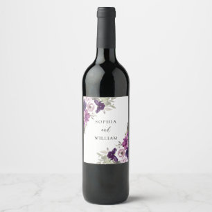 Etiqueta Para Botella De Vino Compromiso con Boda floral de color violeta púrpur