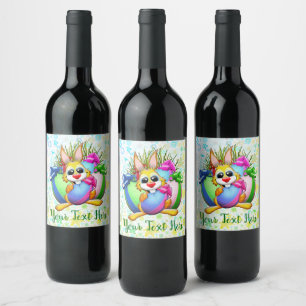 Etiqueta Para Botella De Vino Conejo divertido mordiendo un huevo de Pascua