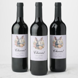 Etiqueta Para Botella De Vino Conejo rodeado de flores pastel Alegres