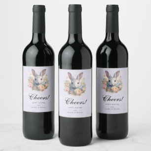 Etiqueta Para Botella De Vino Conejo rodeado de flores pastel Alegres