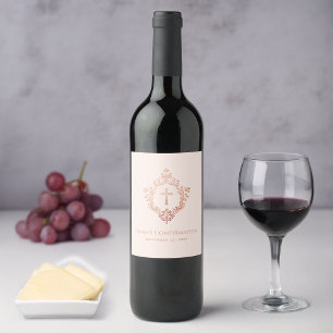 Etiqueta Para Botella De Vino Confirmación de niña Cresta rosa elegante vintage 