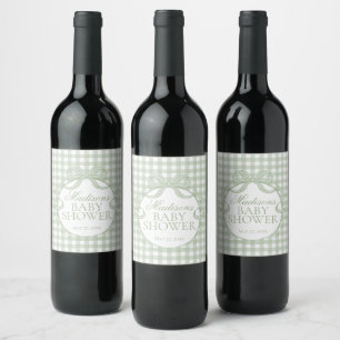 Etiqueta Para Botella De Vino Coqueta de Baby Shower con lazo de gingham verde