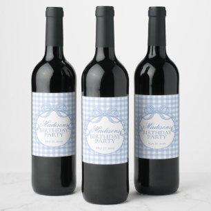 Etiqueta Para Botella De Vino Coqueta de Gingham Azul Fiesta de Cumpleaños con L