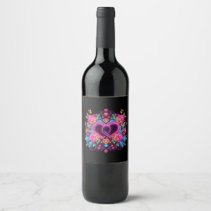 Etiqueta Para Botella De Vino Corazón de neón colorido día de San Valentín