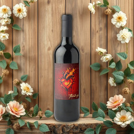 Etiqueta Para Botella De Vino Corazón en llamas.