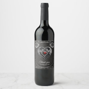 Etiqueta Para Botella De Vino Corazón plateado con alas
