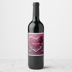Etiqueta Para Botella De Vino Corazón Romántico Con Borde De Perla
