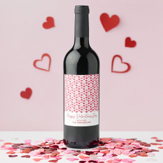 Etiqueta Para Botella De Vino Corazones de acuarela rojos y rosados del día de S