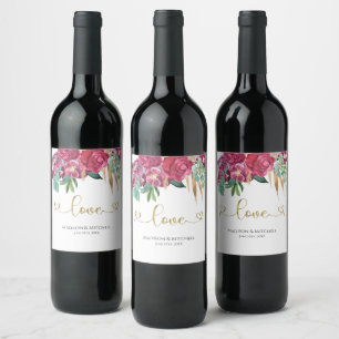 Etiqueta Para Botella De Vino Corazones de guion dorado elegantes con flor de ma