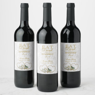 Etiqueta Para Botella De Vino Corazones de perla y flores de Damasco Boda